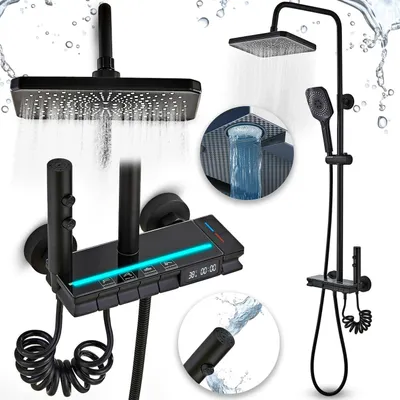 Obrázek produktu pro Sprchový systém Heckermann V6 s termostatem, černý – dešťová sprcha 27,5 x 18 cm, LED odkládací plocha, výstup pro vanu, výška 75–105 cm