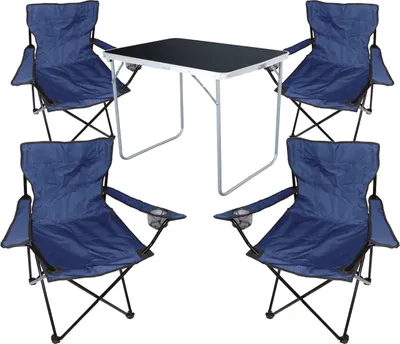 A set of four blue camping chairs and a black and silver folding table.