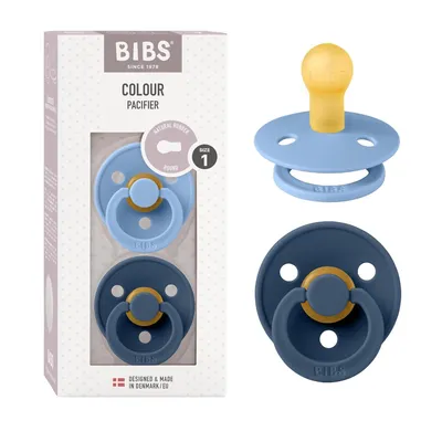 Immagine prodotto di Succhietto BIBS Colour 2-pack, senza BPA, capezzolo a forma di ciliegia. Gomma naturale/lattice,  Danimarca. Taglia 1 (0-6 mesi), Blu cielo / Blu acciaio