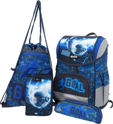 Produktbild von SCOOLSTAR Fußball Schulranzen, Tornister Junge 1 Klasse Schulrucksack Schultasche | FIDLOCK | SET4 tlg.  | inkl. Federmäppchen, Sportbeutel, Stiftetui