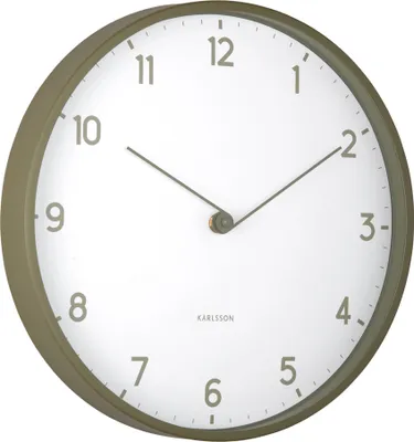 A round wall clock with a green frame and a white face, displaying numbers and hands.