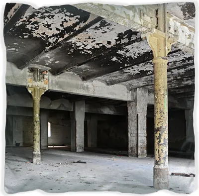 Produktbild von Wallario Premium Kissen, weiche Oberfläche, mit Motiv Verlasse Brauerei - Alte Industriehalle, Größe: 60 x 60 cm, mit weißer Rückseite