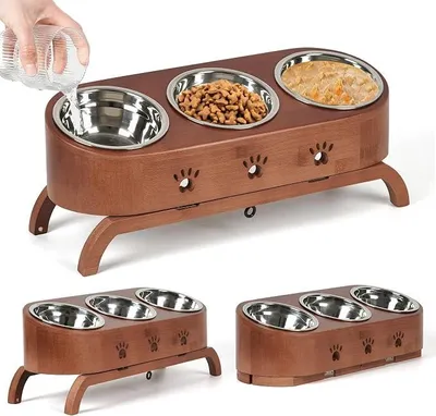 Produktbild von PolkaHome® Erhöhter Katzenfutternapf 3er Set, Ergonomischer Napf 15° Neigung, Höhenverstellbar mit Holzständer, Edelstahlschalen