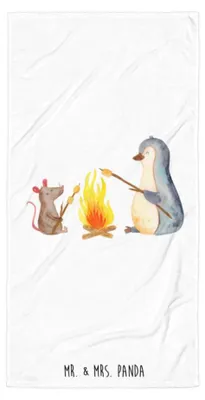 Produktbild von Mr. & Mrs. Panda Strandtuch Pinguin Lagerfeuer - Weiß - Geschenk, Badehandtuch, Großes Handtuch, Job, Duschtuch, Duschhandtuch, Grillen, Maus, Feuer