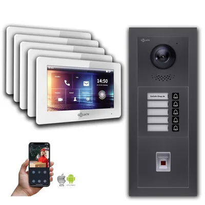 Produktbild von Goliath IP Video Türsprechanlage: 7-Zoll 5 Familienhaus, Fingerprint, Anthrazit : 7 Zoll Weiß : Unterputzdose Monitor Farbe: 7 Zoll Weiß Montage: Unterputzdose