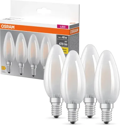 Produktbild von 4er Pack OSRAM LED Lampe BASE CLASSIC B 4W 827 Frosted E14 Warmweiss 4099854338670