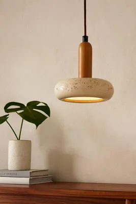 Immagine prodotto di Opviq, lampadario di alta qualità con struttura in legno, calotta in travertino, altezza regolabile da 22 a 152 cm, Ø 15 cm, beige e rovere, 1 lampadina LED da 24 W, IP20, design scandinavo.