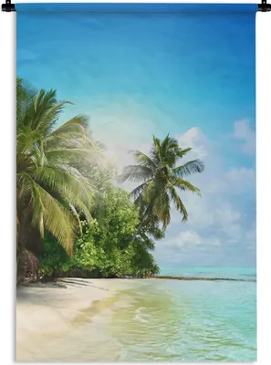 Produktbild von MuchoWow® Wandteppich Wandbehang Meer - Palme - Strand - Tropisch - Blau - Grün 60x90 cm Tapisserie Dekoration Wandtuch - Foto-Teppich - Abwaschbar