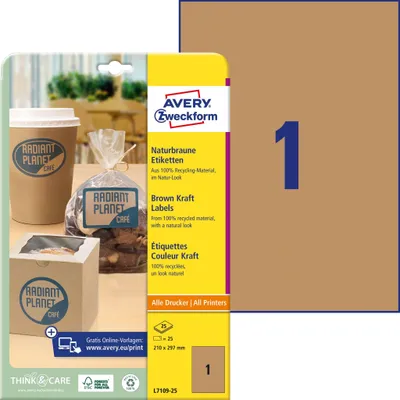Produktbild von Etiketten A4 210x297mm 25 Bogen/25 Etiketten naturbraun Packung mit 30 Stück