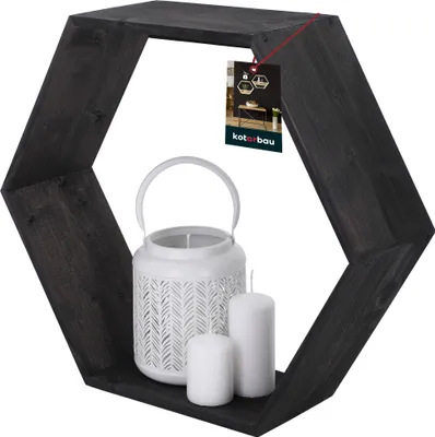 Produktbild von KOTARBAU® Hexagon Wandregal Schwarz 14x47x41 cm Hexagon Regal Holz mit Ablage Blumenregal Wandregal Hexagon Holz