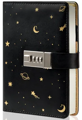 Immagine prodotto di Diario con chiusura a lucchetto, formato A6, copertina rigida in ecopelle, motivo a stelle, ricaricabile, 13 x 18 cm, colore nero