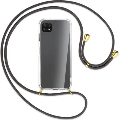 Produktbild von Handykette Backcover-Schutzhülle mit Band (Metall goldfarben) für Samsung Galaxy A22 5G (A226) - dunkelgrau