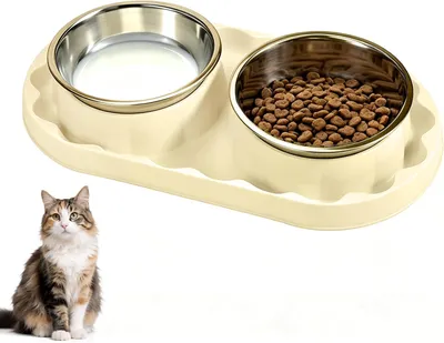 Produktbild von Katzenfutternapf erhöht, mit Spritzschutz, 2 Edelstahlnäpfe, rutschfest, für Katzen