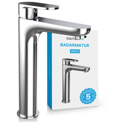 Produktbild von Bächlein Wasserhahn hoch fürs Bad in klassischem Design, extra hoher Einhebelmischer für Aufsatzwaschbecken mit Montage-Set, Badarmatur Chrom