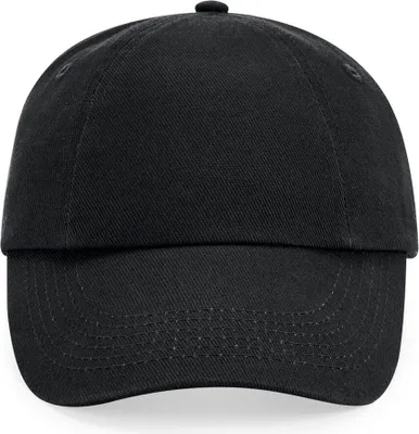 A plain black baseball cap shown from the front.