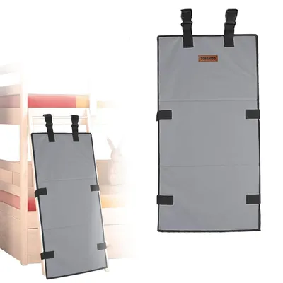 A product image showing a gray ladder cover with straps, displayed in two views: one attached to a bunk bed ladder and another isolated.