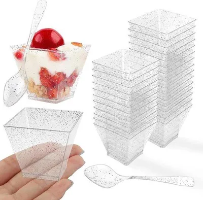 Obrázek produktu pro Opakovaně použitelné mini pohárky na dezerty 60 ml, stříbrné, s lžičkou