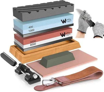Image de Kit de pierres à aiguiser professionnel - Aiguiseur de couteaux 12 en 1 - Grain 400/1000, 3000/8000 - Pierre à aiguiser avec support antidérapant en silicone - Guide d'angle - Bande de cuir à affûter - Gants résistants aux coupures - Aiguiseur de couteaux