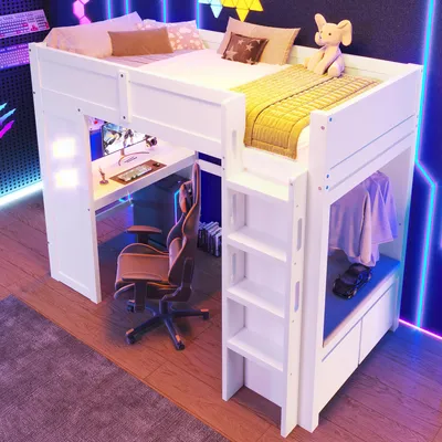 Productafbeelding van MODFU Patrov bed met matras 90x200, Kinderbed met bureau en USB-poort, Enkelbed met LED-verlichting en stopcontact, Wit