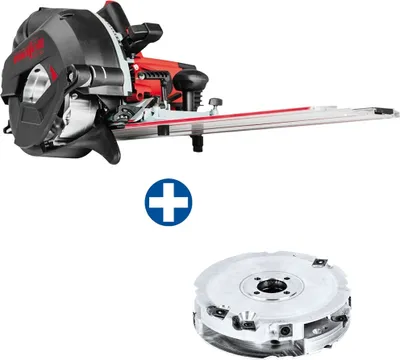 A power tool and a cutting blade are shown against a white background.