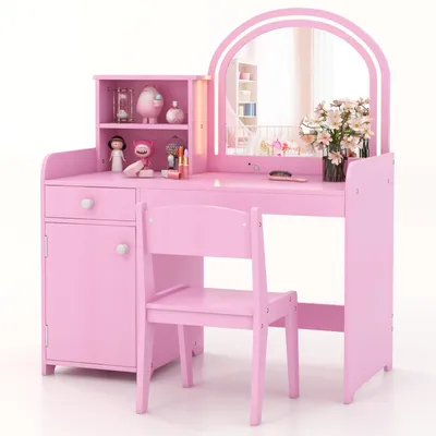 Produktbild von COSTWAY 2 in 1 Kinder Schminktisch Set, Frisertisch mit Hocker, LED-Leuchten, Spiegel, Schrank & Schublade, Kosmetiktisch für Kinder ab 3+, Rosa