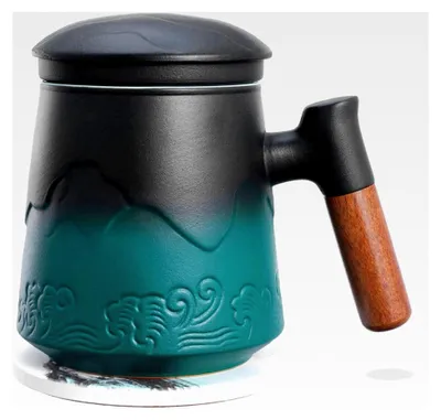 Produktbild von Teetasse mit Deckel und Sieb, 450 ml, Holzgriff, Teebecher für losen Tee, Keramiktasse mit Untersetzer, Geschenke für Teeliebhaber, Schwarz und Grün