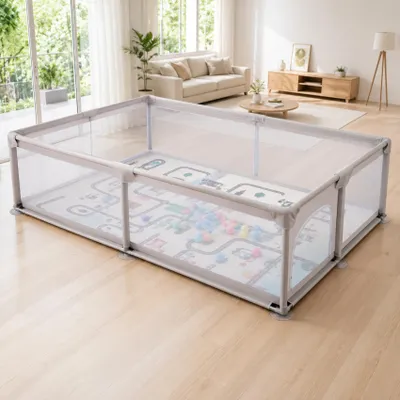 Produktbild von Laufstall Baby, Laufstall 180x200cm, Laufgitter Baby mit Matratze, Playpen mit Atmungsaktivem Netz, 50 Ozeanbällen, Laufgitter 600D Oxford Gewebe,Grau