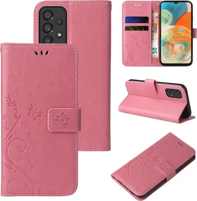 Collage of product images showing a pink floral butterfly flip phone case for a Samsung Galaxy A23 5G.