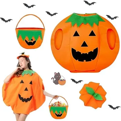 Productafbeelding van Pompoenkostuum voor Kinderen - Halloween Kostuum met Muts en Snoepzak