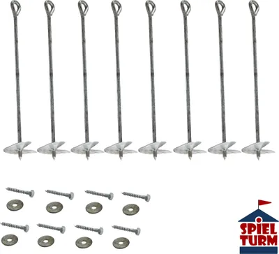 A set of ground anchors and screws on a white background, with a logo in the bottom right corner.