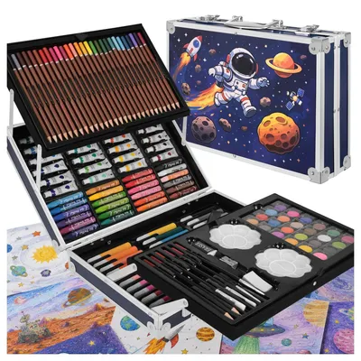 Immagine prodotto di Set completo di materiali per attività artistiche per bambini, in valigetta con motivo astronauta, 145 pezzi