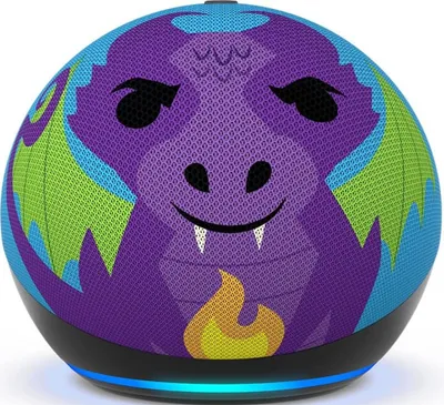 A close-up, front-facing view of an Amazon Echo Dot Kids Edition with a dragon design.
