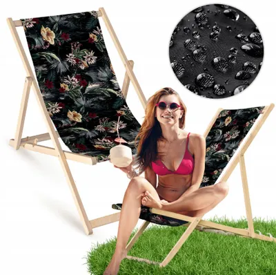Produktbild von Liegestuhl klappbar aus Holz mit dunklem Blumenmotiv – Klappstuhl Klappliege Sonnenstuhl Strandstuhl Gartenliege