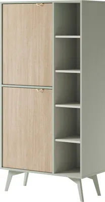 A tall, narrow cabinet with two wooden doors on the left and open shelves on the right, set on angled legs.