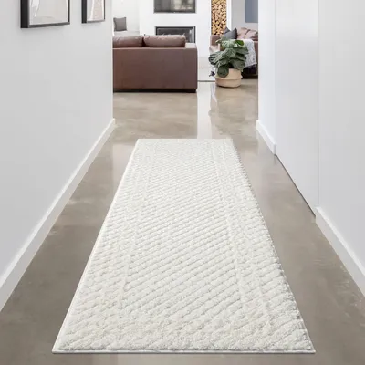 Produktbild von Teppich Läufer Hochflor Flur - 80x300 cm - Weiß/ Creme - Hochtief-Muster/ 3D-Effekt Bordüre