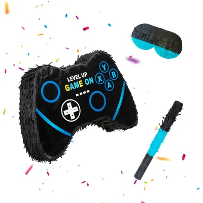 Immagine prodotto di Relaxdays Pinata Gamer, bastone e maschera, pinata per feste per bambini, compleanni, da riempire, controller, dimensioni: 28x40x7 cm, nero