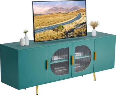 Immagine prodotto di VEVOR supporto TV per TV fino a 75 pollici, tavolo TV con ante in vetro, mobile TV con gambe dorate e ripiani regolabili, mobile TV a consolle per soggiorno camera da letto, verde