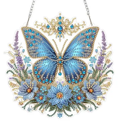 Immagine prodotto di Set per decorazioni fai-da-te con immagini da dipingere con diamanti, motivo farfalla blu, ideale per decorare finestre, con catena e ciondolo