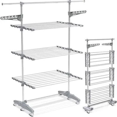 Zdjęcie produktu dla Stojak do suszenia prania Unyqoos® do użytku wewnątrz i na zewnątrz, oszczędzający miejsce, 3 poziomy, 23 metry długości suszenia, stal nierdzewna i tworzywo sztuczne, udźwig 30 kg, 6 składanych ramion, teleskopowa rurka, 6 kółek