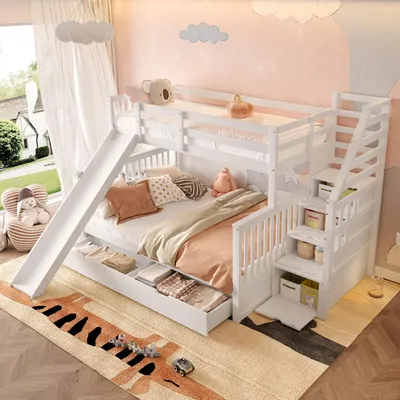 Produktbild von Flieks Etagenbett 90x200cm, Kinderbett mit Rutsche, Hochbett mit Treppe, Jugendbett mit Lattenrost und 2 Schubladen, Massivholzbett Stockbett, Weiß