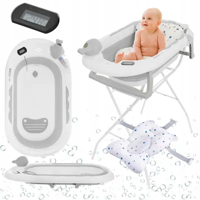 Produktbild von Primabobo OLA Faltbare Babybadewanne mit Gestell, Spielzung und Thermometer, Baby badewanne mit Ständer für Babys, Badekissen, Gris