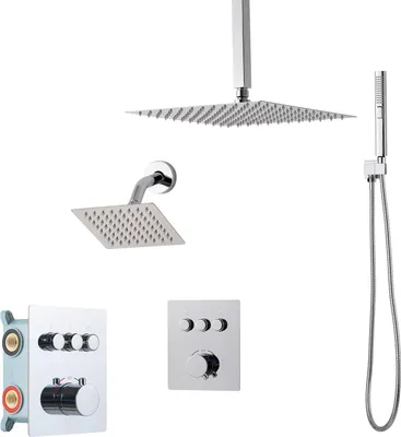 Image de SucceBuy Ensemble de douche avec pomme de douche à effet pluie de 12 pouces, pomme de douche à montage mural de 6 pouces et douchette à main 2 en 1. Pomme de pluie double pivotante à trois fonctions, vanne en laiton et kit d'habillage, chrome, thermostatique.
