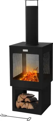 Produktbild von ML-Design Gartenkamin mit Schornstein, 128x40 cm eckig Schwarz, Stahl, Outdoor Terrassenofen mit Schürhaken, abnehmbarem Dach, Holzablage
