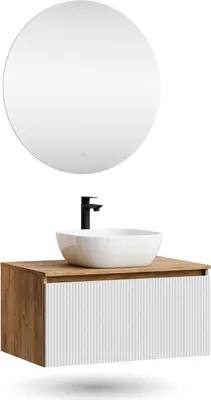 Produktbild von Planetmöbel ARISA Badmöbel Set Weiß Geriffelt – Mit Nova LED Spiegel und weißem Keramik-Aufsatzwaschbecken 42 cm
