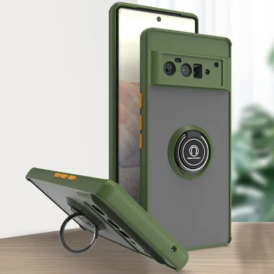 A Google Pixel 6 Pro phone case with a ring holder is displayed on a table.