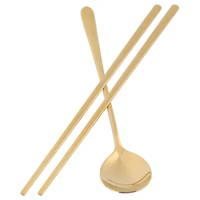 Produktbild von Löffel- und Essstäbchen-Set aus 304 Edelstahl, koreanisches Besteck-Set, Weihnachtsgeschenk (Gold)