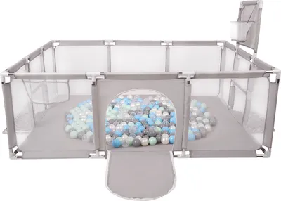 A grey fabric playpen filled with colorful balls, with an arched entrance and a basketball hoop attachment.