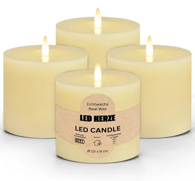 Immagine prodotto di Set di 4 candele LED a cera, fiamma tremolante, Ø 10x9 cm, bianco crema