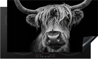 Produktbild von KitchenYeah© Herdabdeckplatte Schottischer Highlander - Hörner - Schwarz - Weiß - Kuh - Wild - Tiere , 91x52cm, Küche Deko, Glaskeramikkochfeld Herdabdeckung, Abdeckplatte fùr Kochfeld