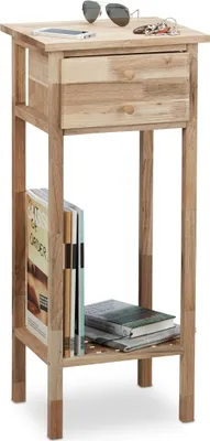 Immagine prodotto di Tavolino Relaxdays in noce con cassetto, 2 ripiani, tavolino da telefono, tavolino alto in legno, HxLxP: 80 x 35 x 30 cm, naturale